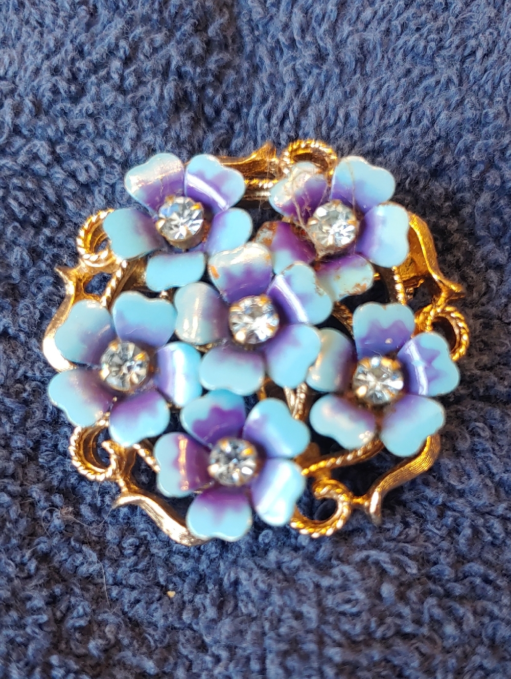 Blue Purple Floral Rhinestone Convertible Brooch And Pendant